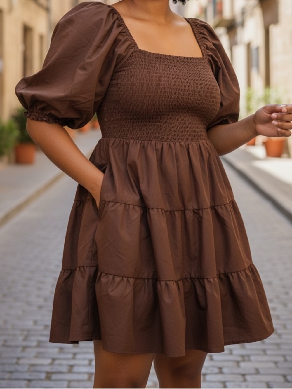 entro Chocolate Brown Smocked Puff Sleeve Mini Dress